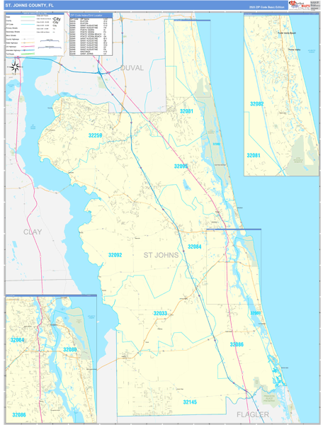 St. Johns County Wall Map Basic Style